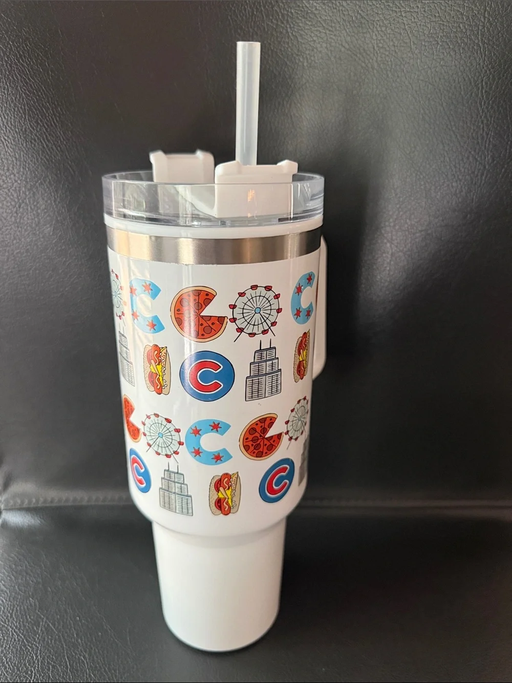 Chicago-Themed White Travel Tumbler with Straw